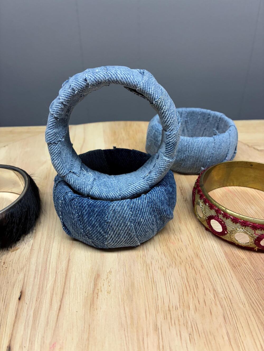 Upcycled Bangle Bracelet Set – Denim Wrapped, Embroidered, and Faux Fur